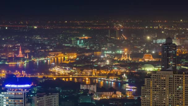 Νύχτα Ποταμός Bangkok Κύρια Στέγη Ναός Κορυφή Πανόραμα Time Lapse — Αρχείο Βίντεο