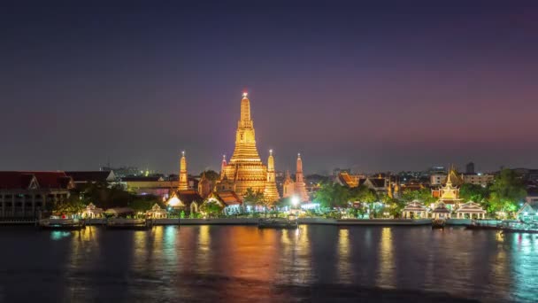 Solnedgång Natt Flod Vik Wat Arun Tempel Tid Förflutit Bangkok — Stockvideo