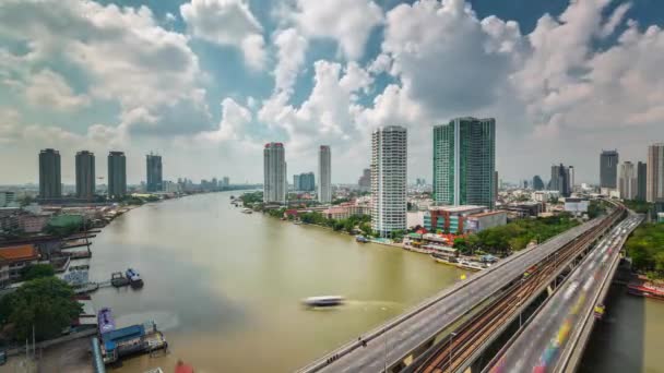Sky Clouds Roof Top Bangkok River Traffic Panorama Time Lapse — 비디오