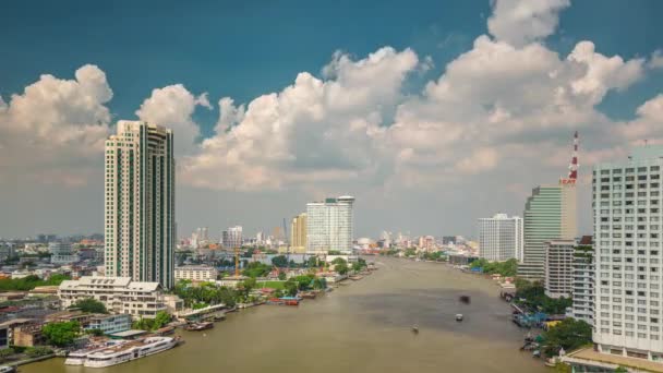 Zonnige Bewolkte Hemel Belangrijkste Bangkok Rivier Verkeer Panorama Tijd Vervallen — Stockvideo