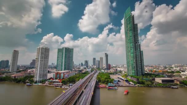 Sunny Clouds Sky Bangkok River Bridge Traffic Panorama Time Lapse — 비디오