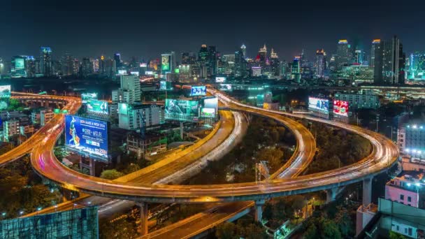 Nacht Bangkok Verkeer Cirkel Kruising Weg Dak Panorama Tijd Lapse — Stockvideo