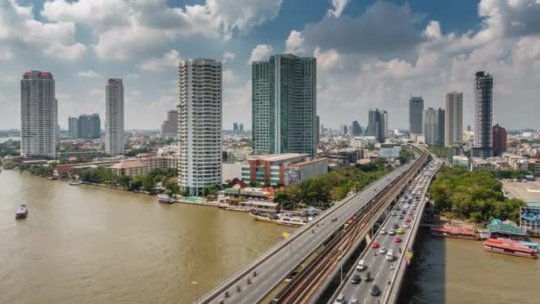 Zonnige Dag Bangkok Rivier Brug Verkeer Dak Panorama Tijd Lapse — Stockvideo