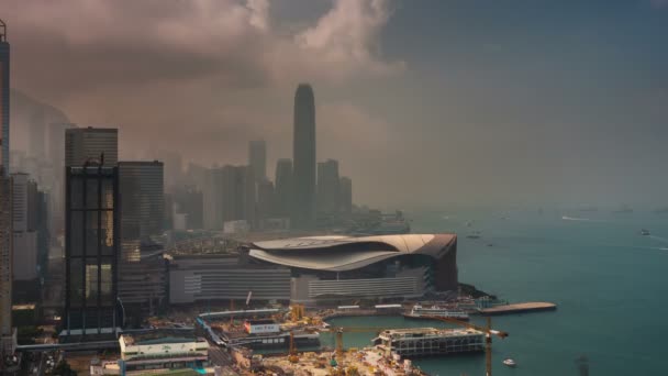 Солнечный День Тумана Время Истекает Гонконгского Залива Бухты Вид Крышу — стоковое видео