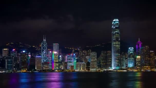 Noc Światło Zatoki Panorama Czas Upływu Hong Kongu — Wideo stockowe