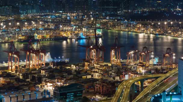 Νύχτα Φως Εργασίας Λιμάνι Time Lapse Από Hong Kong — Αρχείο Βίντεο