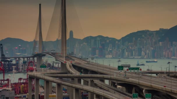Ηλιοβασίλεμα Πανοραμική Γέφυρα Time Lapse Από Όμορφο Χονγκ Κονγκ — Αρχείο Βίντεο