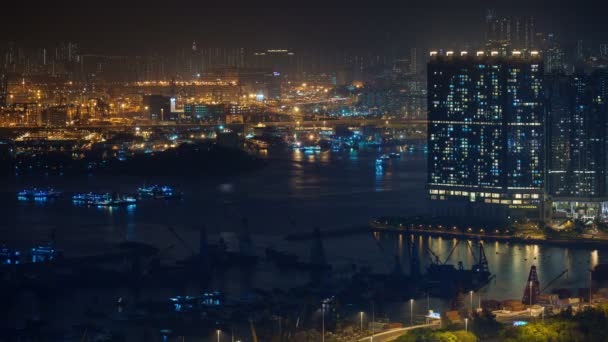 Noche luz puerto lado 4k lapso de tiempo de hong kong china — Vídeo de stock