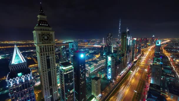 Night illumination dubai city traffic road roof top panorama 4k time lapse united arab emirates — Stock Video