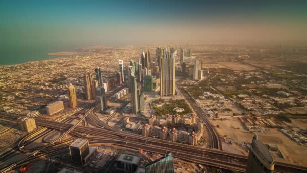 Dubai city sunrise downtown roof top panorama 4k time lapse united arab emirates — Stock video