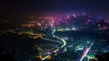 Çin shenzhen gece ışık yüksek görünüm panorama 4k zaman atlamalı
