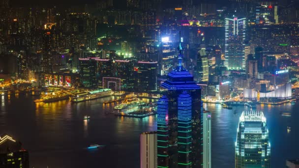 중국 밤 빛 홍콩 베이 부두 도시 파노라마 4 k 시간 경과 — 비디오