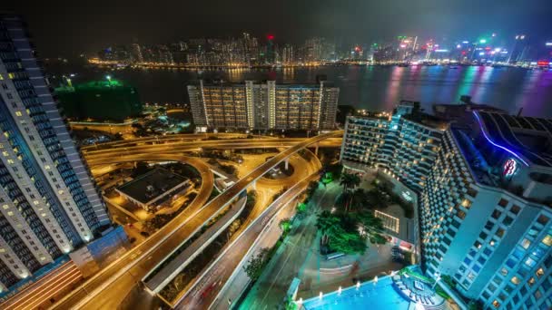 China telhado superior noite luz hong kong tráfego cruzamento cruzamento 4k lapso de tempo — Vídeo de Stock