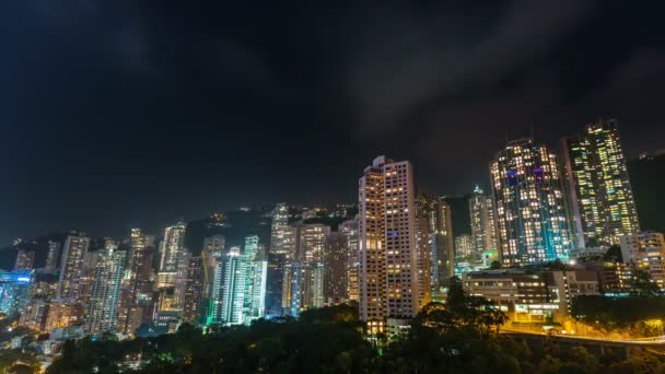 China hong kong city hill night light panorama 4k time lapse — Stock Video