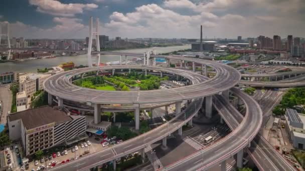 Sunny shadow sky traffic flyover road 4k time lapse from shanghai — Stock Video