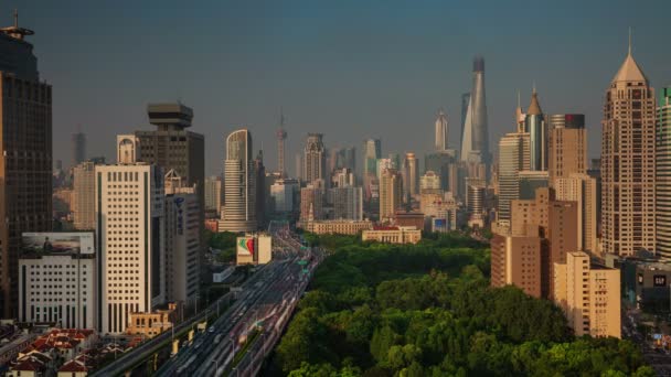 Naplemente panorámás tetőtéri 4 k idő megszűnik a shanghai — Stock videók