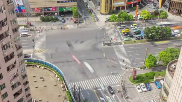 Dia luz tráfego crossroad 4k tempo lapso de shanghai telhado superior china — Vídeo de Stock