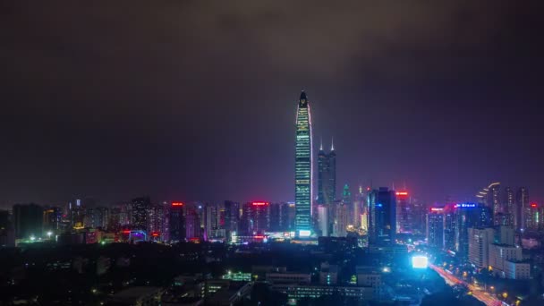 China noite luz céu telhado topo Shenzhen panorama 4k lapso de tempo — Vídeo de Stock