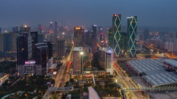 Chine jour jusqu'à la nuit coucher de soleil shenzhen toit de la ville panorama 4k laps de temps — Video