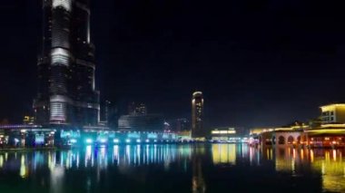 gece aydınlatma dubai dünya ünlü çeşmesinin en yüksek bina 4 k zaman atlamalı Birleşik Arap Emirlikleri