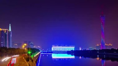 Çin guangzhou köprü nehir Kanton Kulesi gece panorama 4k zaman atlamalı
