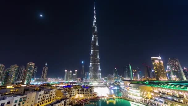 Dubai Nacht Licht Mall höchsten Gebäude berühmten Brunnen zeigen 4k Zeitraffer vereinigte arabische Emirate — Stockvideo