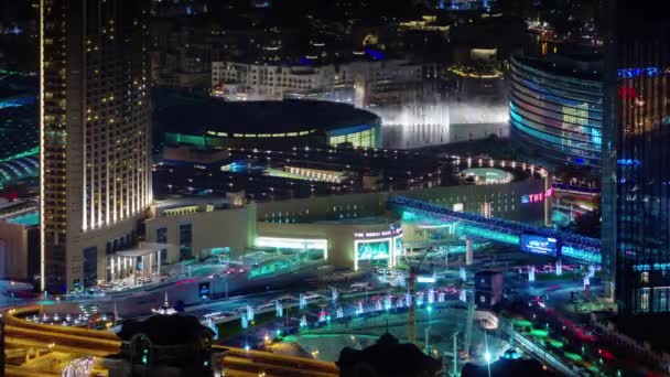 迪拜市购物中心世界著名的喷泉屋顶顶视图 4 k 蒂姆经过阿拉伯联合酋长国 — 图库视频影像