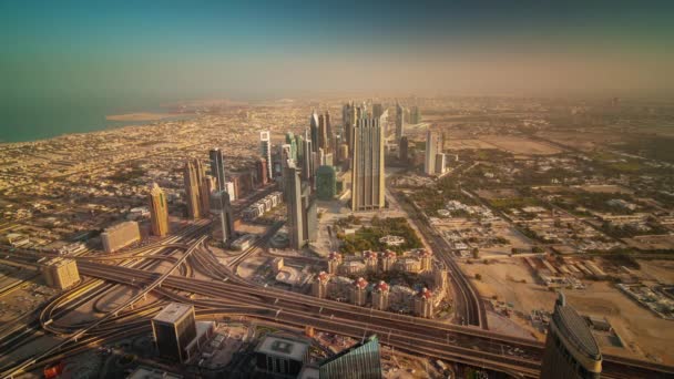 Ciudad de dubai salida del sol centro azotea panorámica 4k time lapse uae — Vídeo de stock