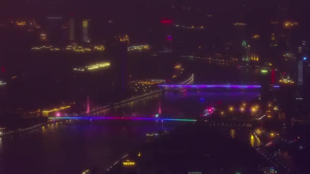 中国広州の夜生活交通川屋根上部パノラマ 4 k の時間経過 — ストック動画