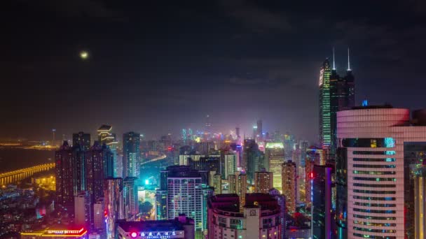 중국 밤 빛 마법의 색상 심천 도시 파노라마 4 k 시간 경과 — 비디오