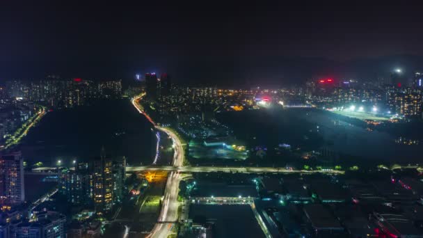 Çin shenzhen gece hafif çatı üst panorama park ve inşaat 4 k zaman atlamalı görüntülemek — Stok video