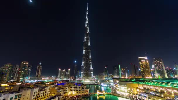 Nacht verlichting dubai werelds hoogste gebouw vierkante 4 k tijd vervallen Verenigde Arabische Emiraten — Stockvideo