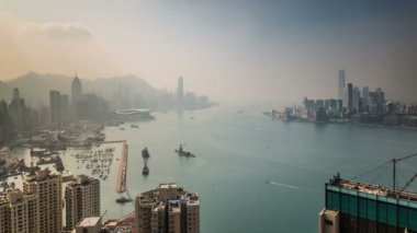 Çin güneş sis hong kong gün nehir bağlantı noktası Körfez Panoraması 4k zaman atlamalı