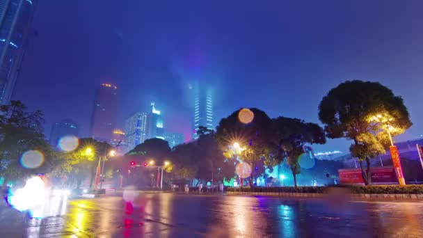 China rainy night light guangzhou city traffic center street 4k time lapse — Stock Video