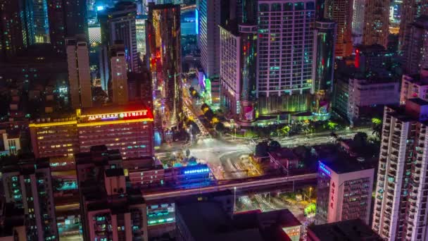 China noche luz alto tráfico cruce vivir bloque techo vista superior 4k lapso de tiempo — Vídeos de Stock