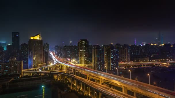 Night light traffic shanghai road 4k time lapse from the roof top — Stock Video