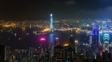 Çin hong kong gece ışık bay city panorama 4k yuvarlak zaman atlamalı