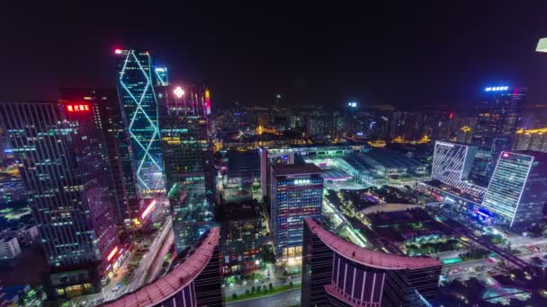 Çin gece ışık shenzhen şehri çatı üst panorama 4k zaman atlamalı — Stok video