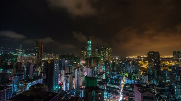 Čína noční světlo běžící sky hong kong střechu horní panorama 4k časová prodleva — Stock video