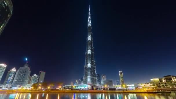 Dubai natt belysning världen högsta byggnad bay panorama 4 k tid förflutit Förenade Arabemiraten — Stockvideo