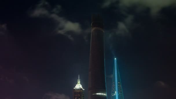 Night cloudy sky view on shanghai towers 4k time lapse — Stock Video