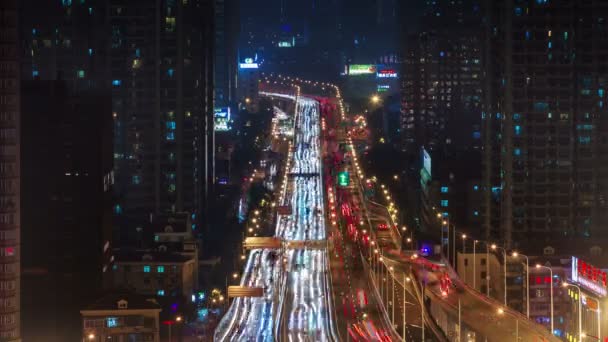 Night light traffic main road 4k time lapse from shanghai city — Stock Video