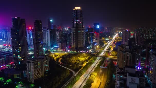 Çin gece ışık shenzhen traaffic sokak çatı üst panorama 4k zaman atlamalı — Stok video