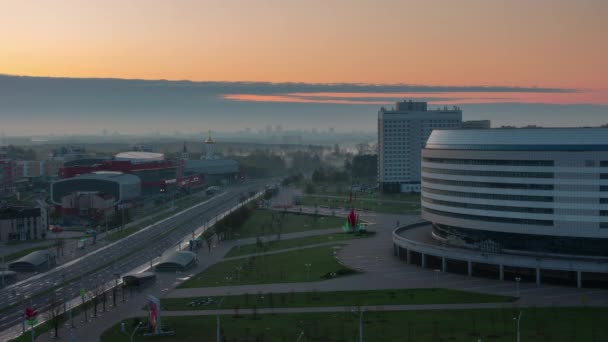 Weißrussland Sonnenuntergang Minsk Arena Bereich Dach oben Panorama 4k Zeitraffer — Stockvideo