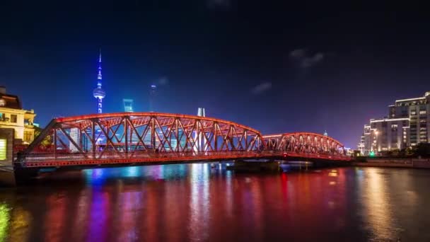 Noche shanghai ciudad centro río bahía puente panorama 4k lapso de tiempo china — Vídeos de Stock