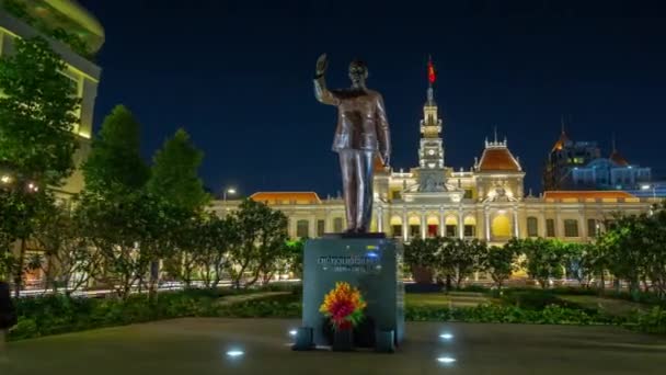 Natt Ljus Chi Minh Stad Berömda Monument Torget Panorama Vietnam Royaltyfri Stockfilm