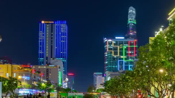 Nacht Licht Chi Minh Stad Beroemde Monument Plein Centrum Panorama — Stockvideo