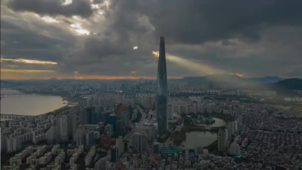 Vlucht Seoel Stadsgezicht Beroemde Toren Zonsondergang Hemel Antenne Panorama Timelapse Stockvideo's