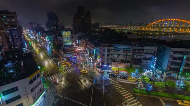 Taipei Stad Nattetid Belyst Trafik Gata Torg Takterrass Panorama Timelapse Royaltyfri Stockfilm