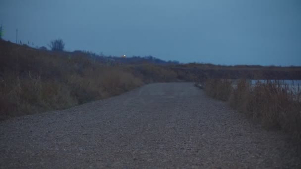 El camino se adentra en la distancia. El hombre lo atropella. Le tenía miedo a una chica con un covid-19 — Vídeos de Stock